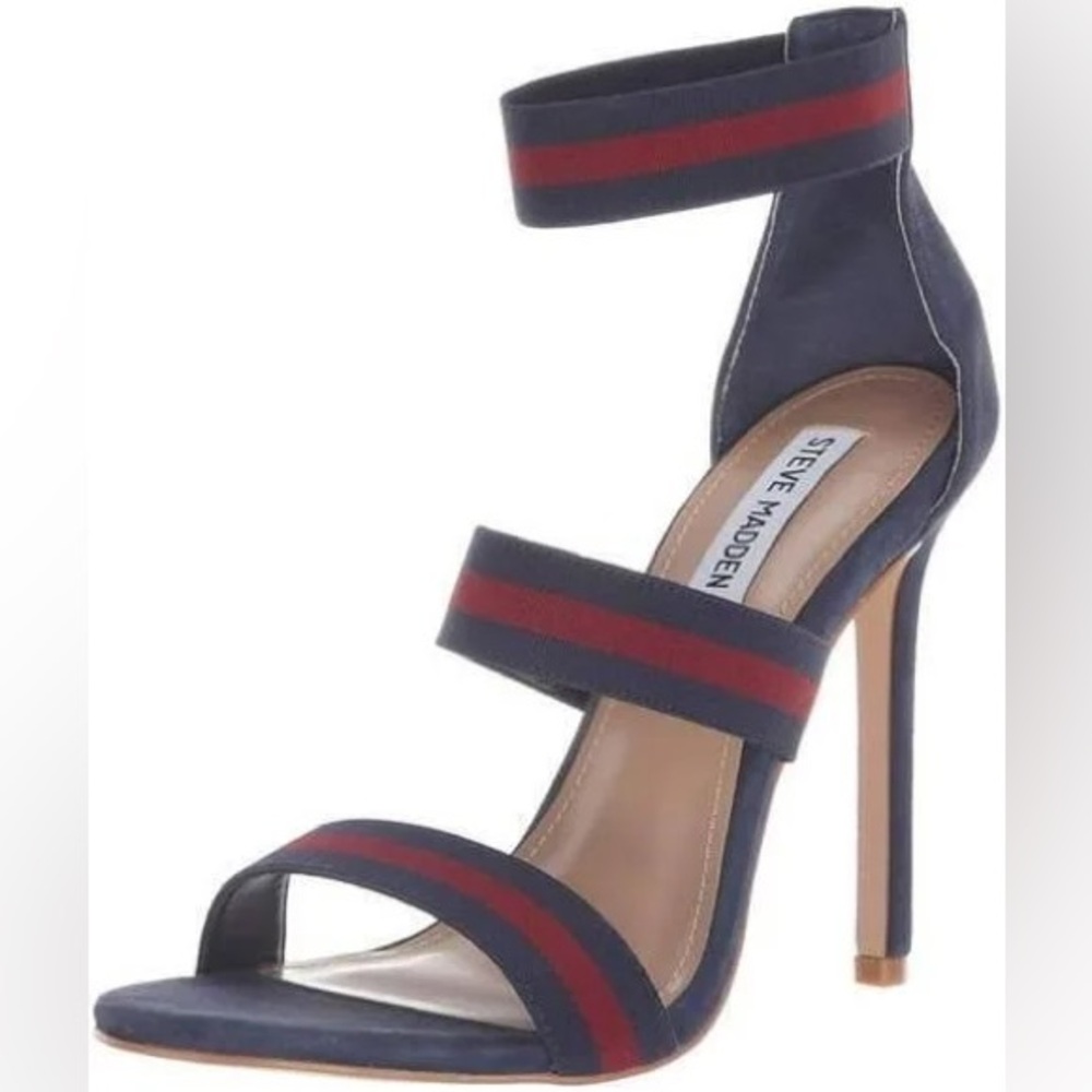 Steve Madden Carina Heel - Navy/Burgundy Striped Sandals, Size 7.5